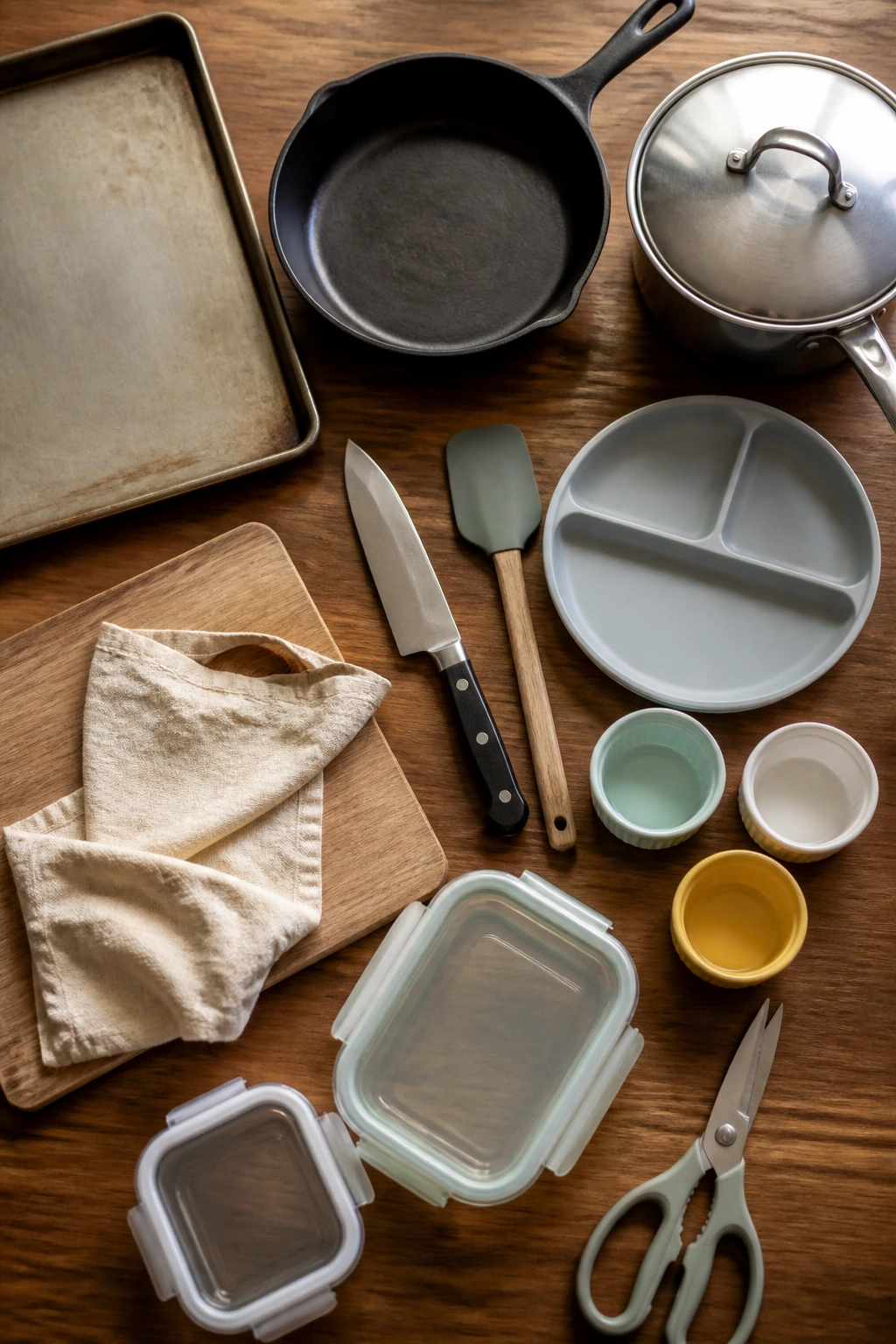 Arrangement of essential dinner-prep tools on a kitchen counter