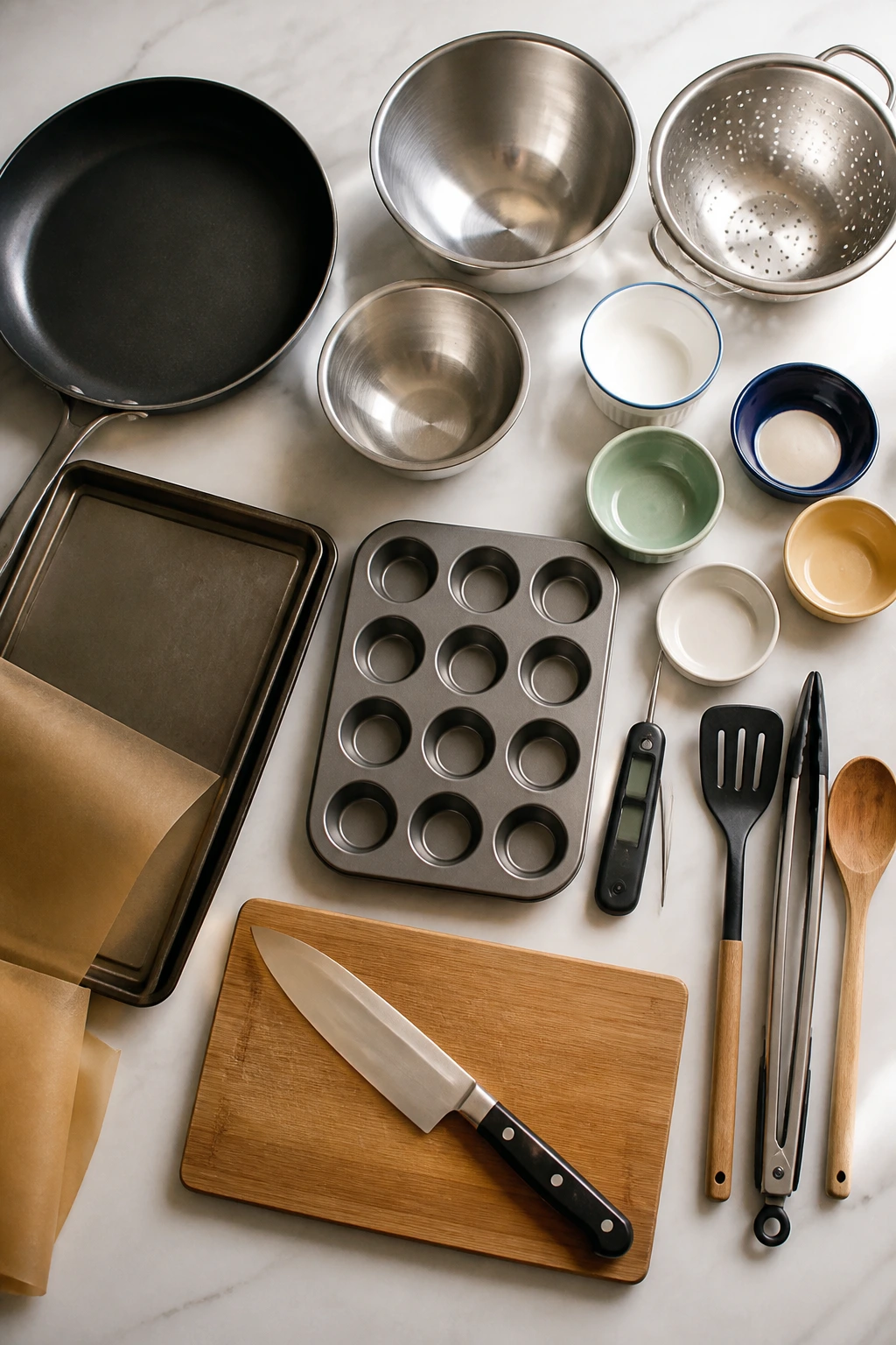 Top-down view of essential kitchen tools on counter