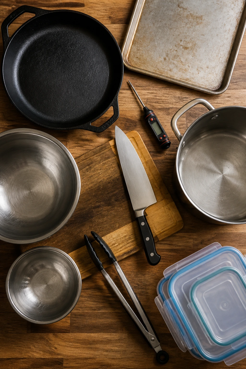 Overhead shot of essential kitchen tools on a counter