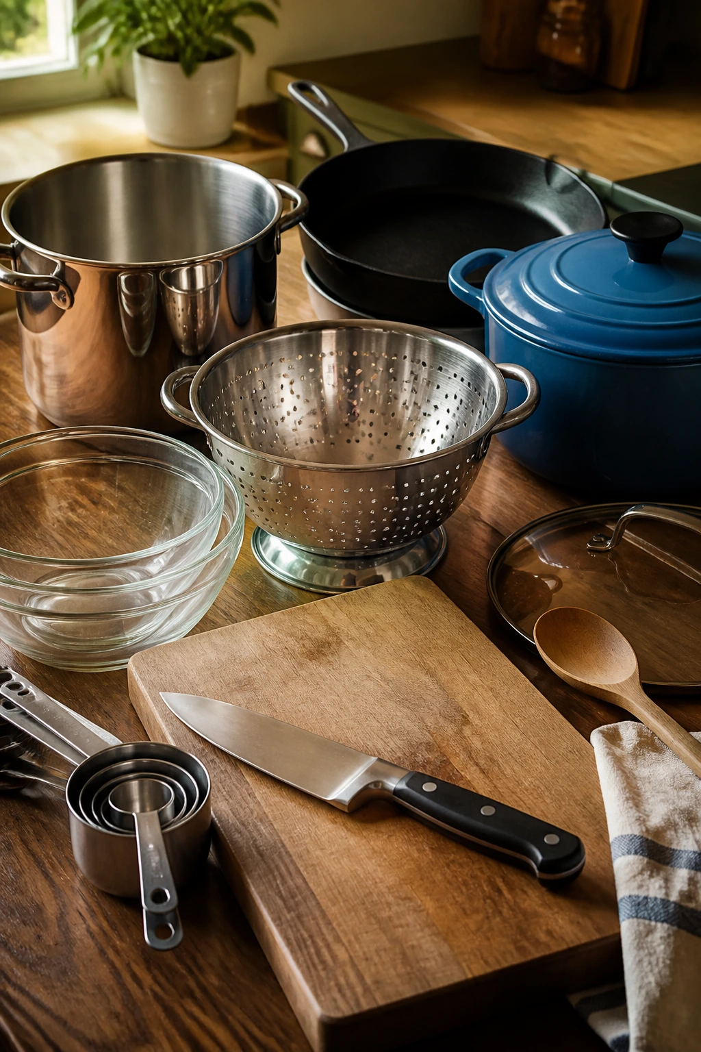 Close-up of essential kitchen tools arranged on a wooden counter