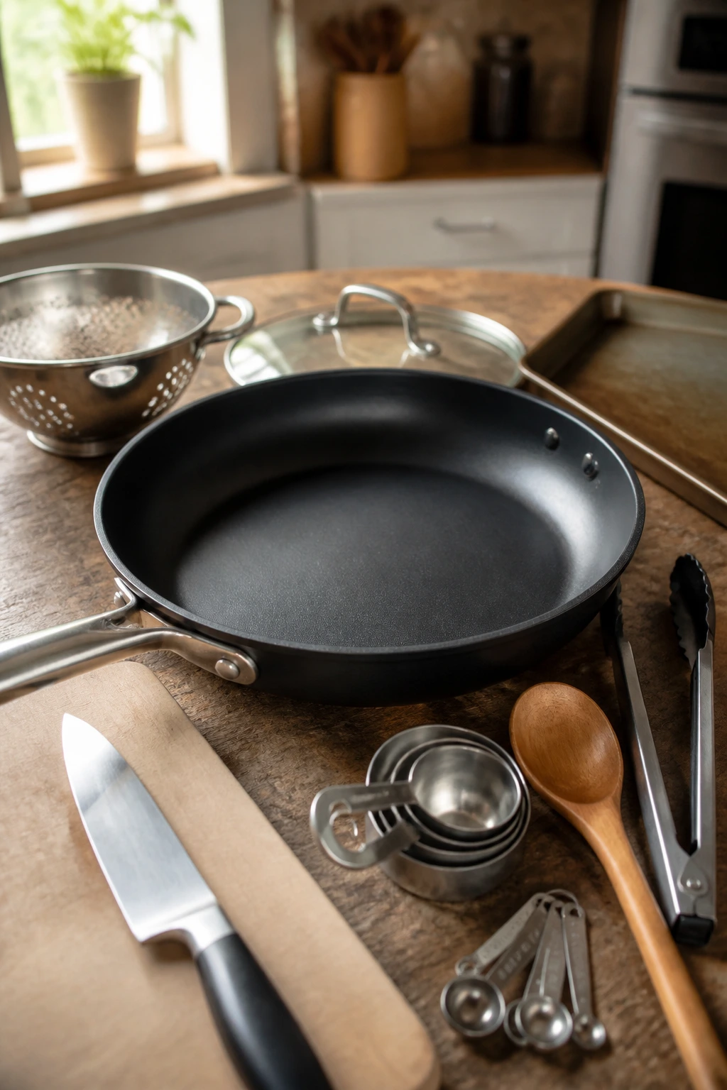 Close-up of a 12-inch skillet with essential kitchen tools on a wooden counter
