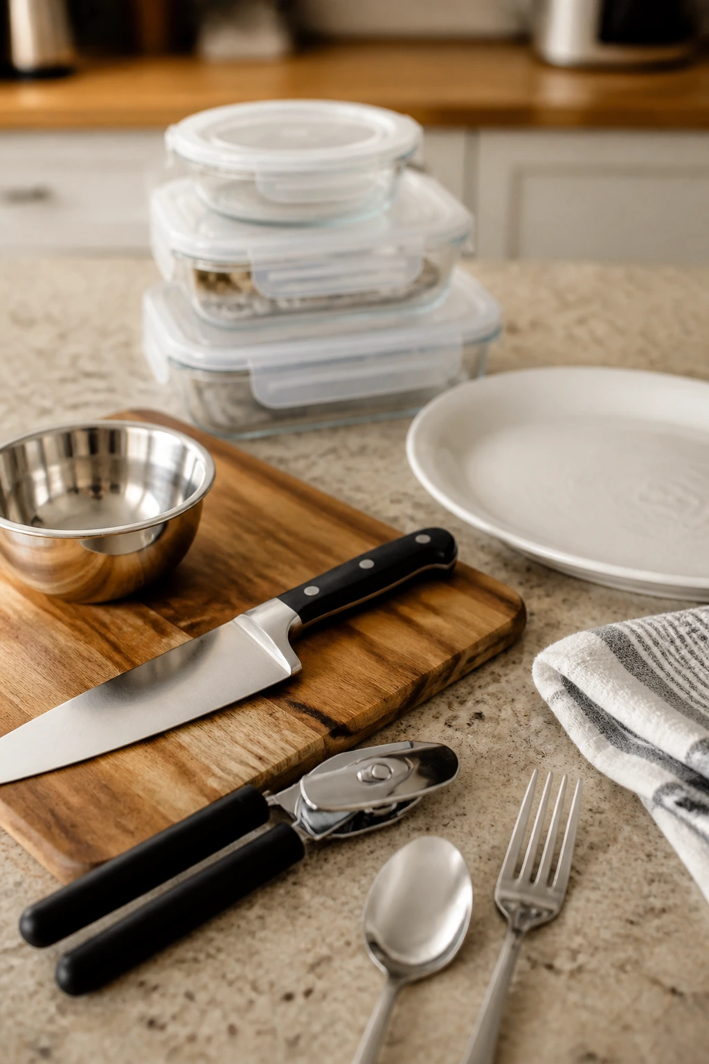 Close-up of essential kitchen tools for no-cook meals on a counter.