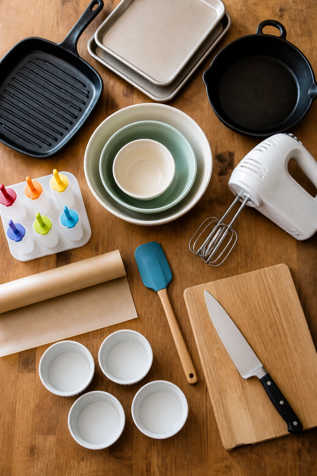 Top-down view of essential kitchen tools arranged on wooden counter