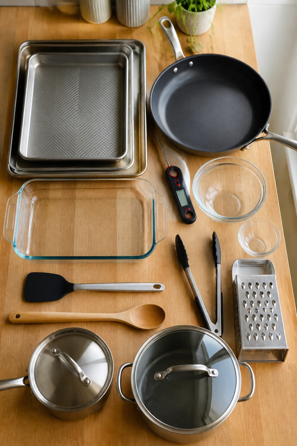 Top-down view of essential kitchen tools laid out on a counter.