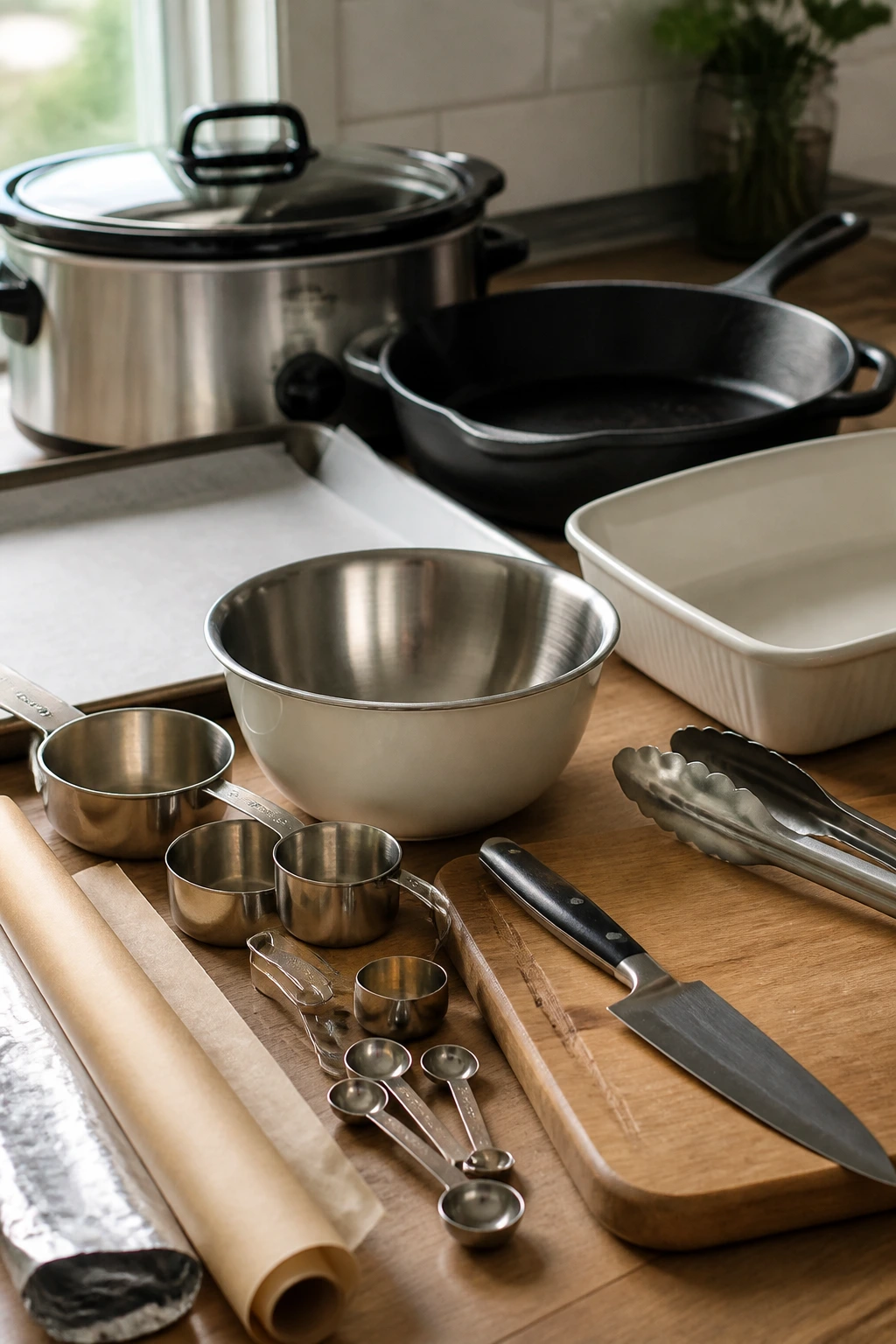 Close-up of essential kitchen equipment arranged on a counter