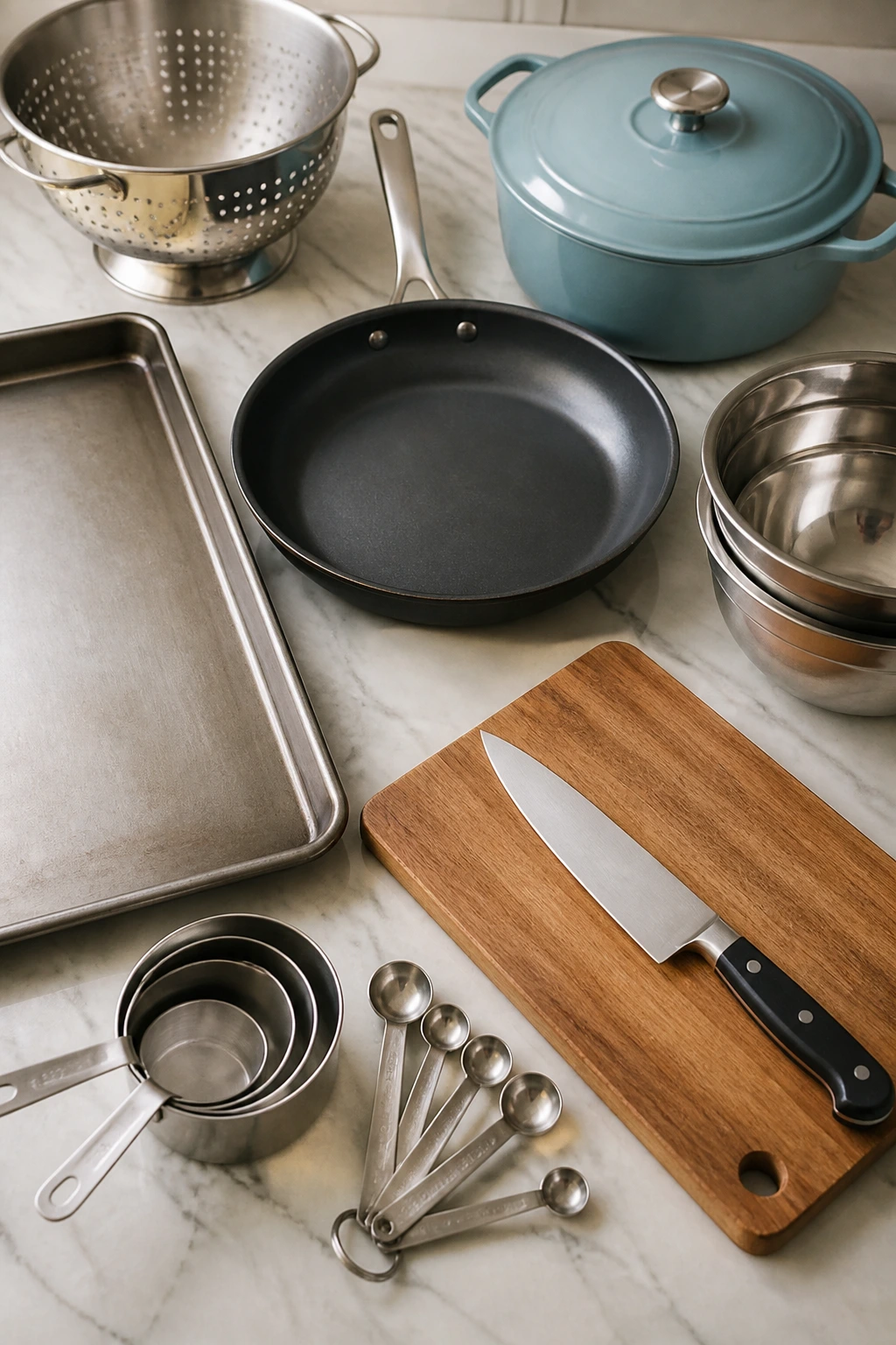 Top-down view of essential kitchen equipment on counter