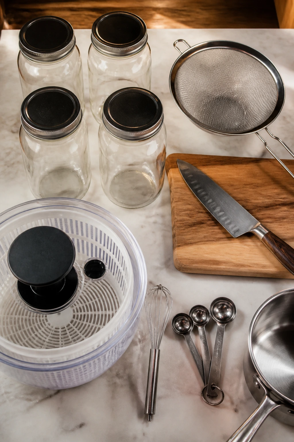 Top-down view of essential jar-prep equipment on a kitchen counter.
