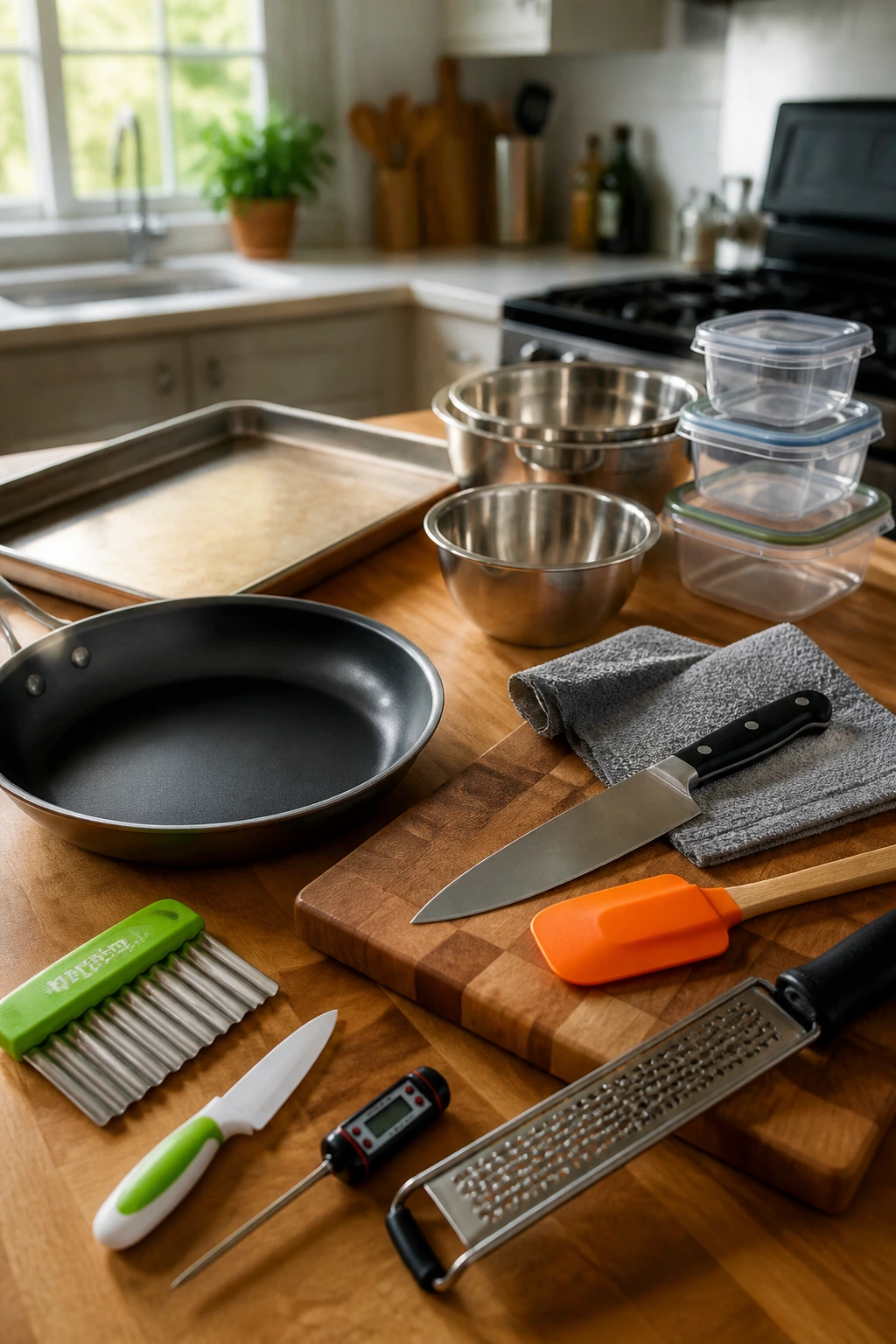 Close-up of kid-friendly kitchen tools arranged on a counter in a warm kitchen