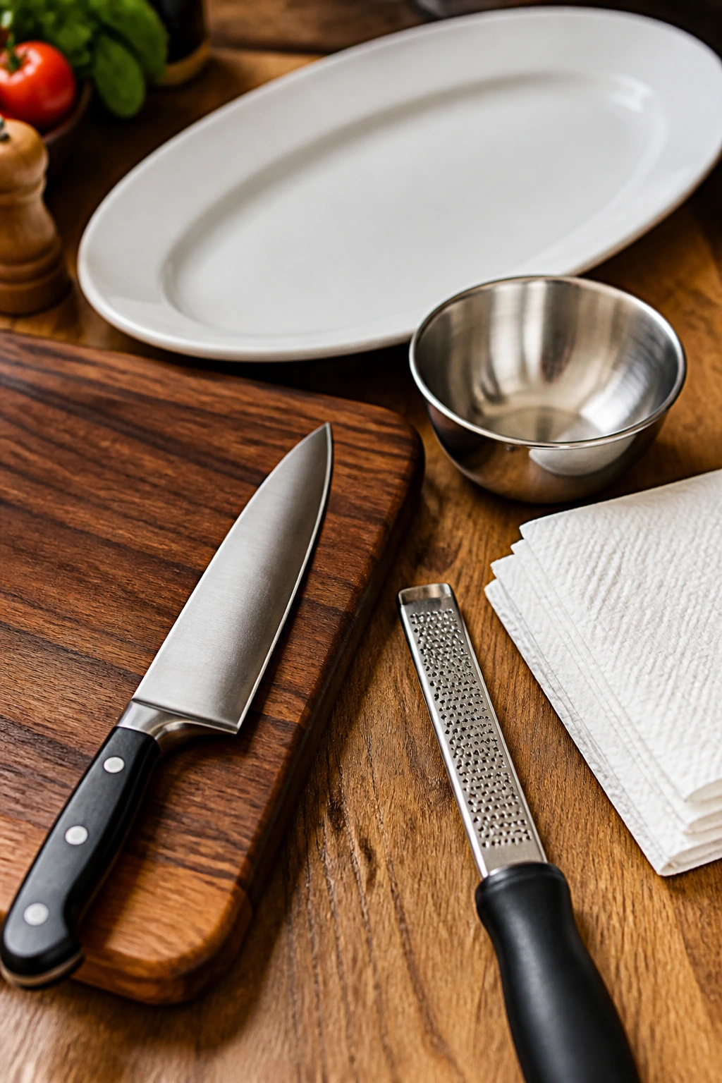 Close-up of Caprese platter tools on a counter