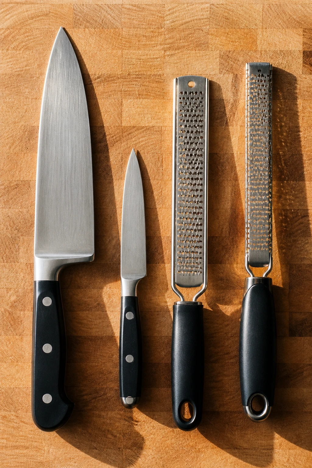 Top-down view of knives and microplane on a cutting board for fruit prep