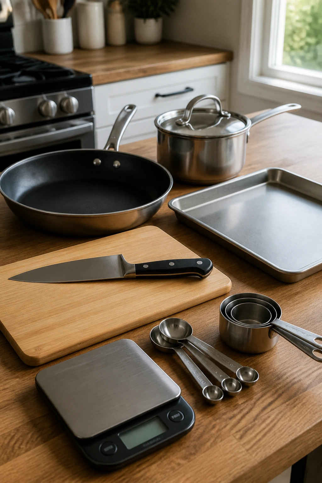 Close-up of essential kitchen tools laid out for efficient meal prep.