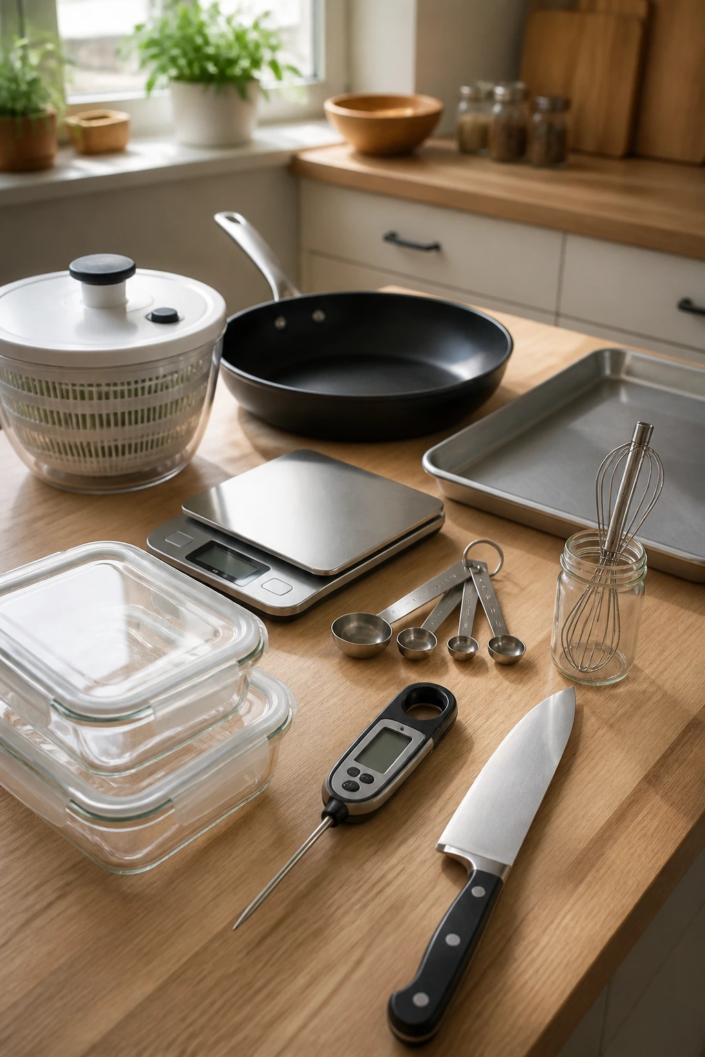 Close-up of essential kitchen tools for meal prep on a counter