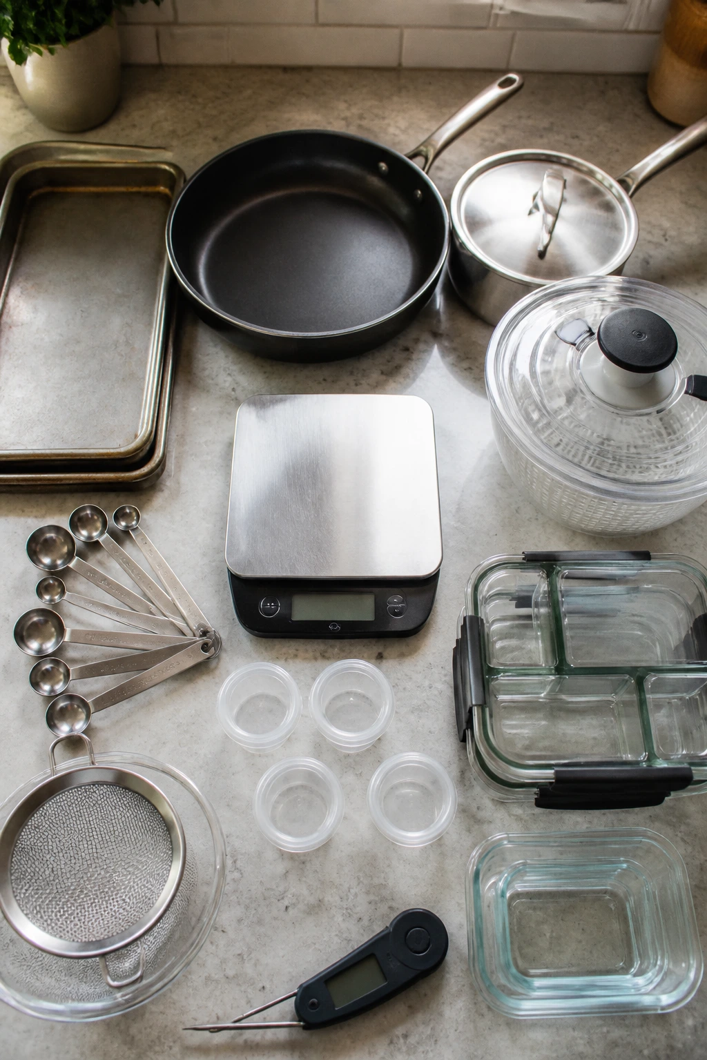 Top-down view of essential meal-prep tools arranged on a counter.