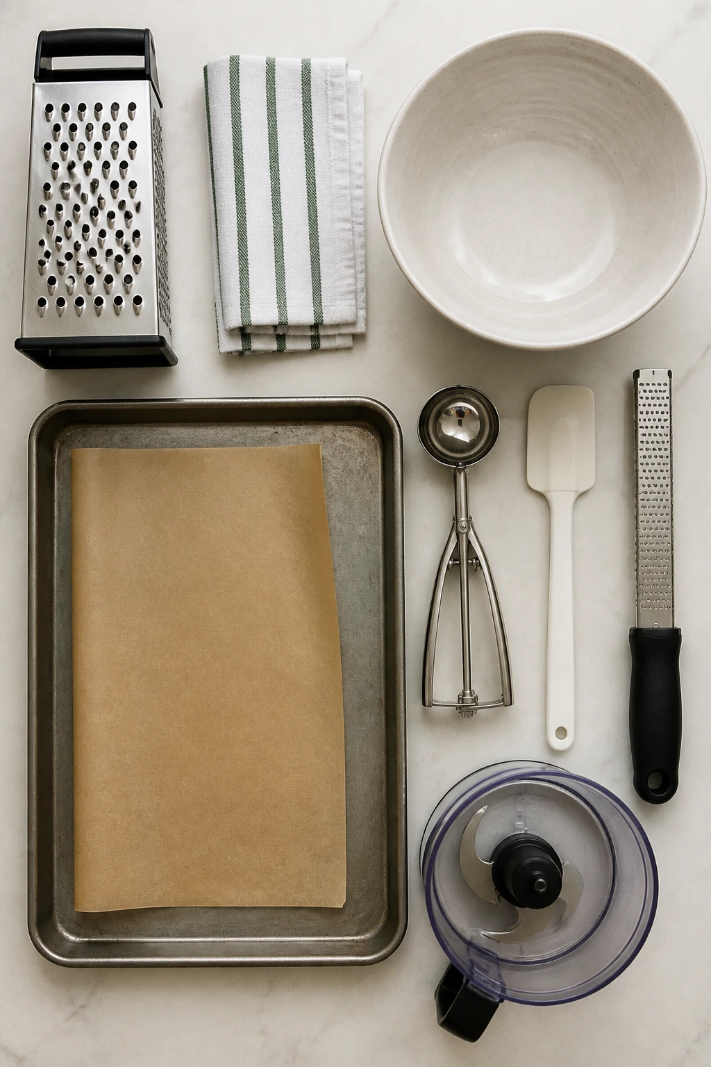 Flat lay of kitchen tools for veggie bites prep
