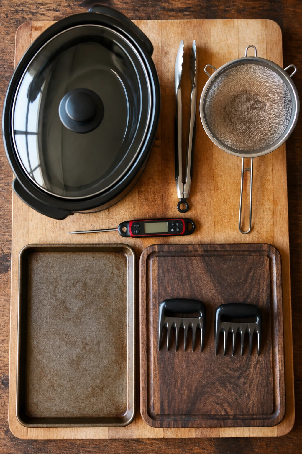 Top-down view of essential kitchen tools on cutting board