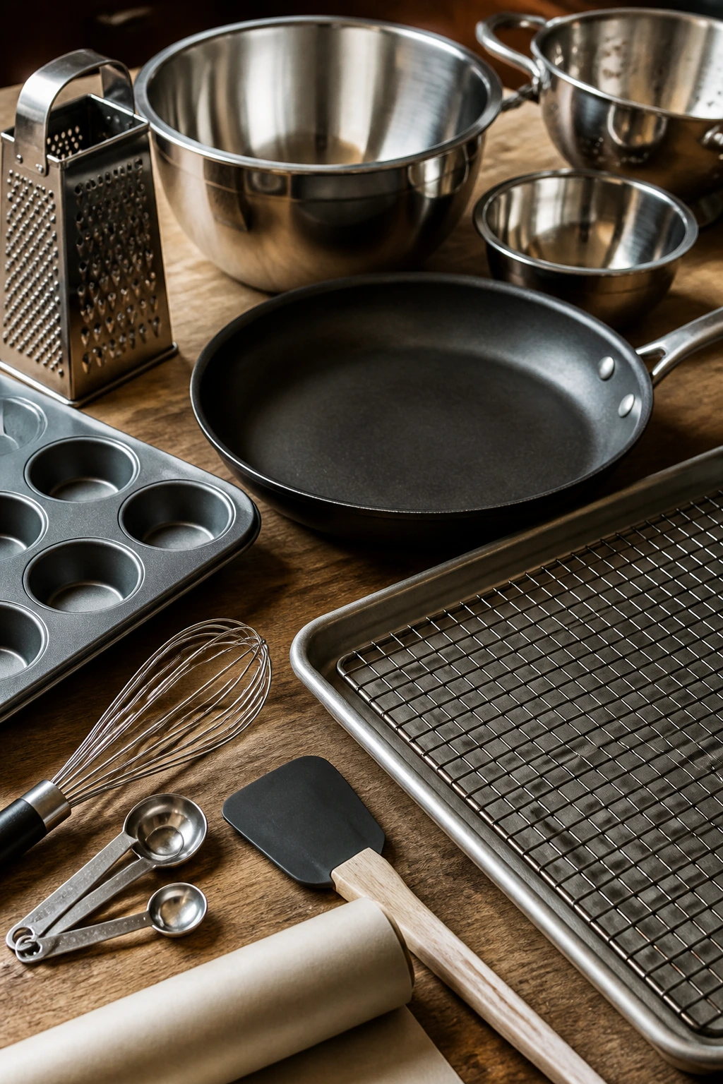 assortment of pans, bowls, and kitchen tools