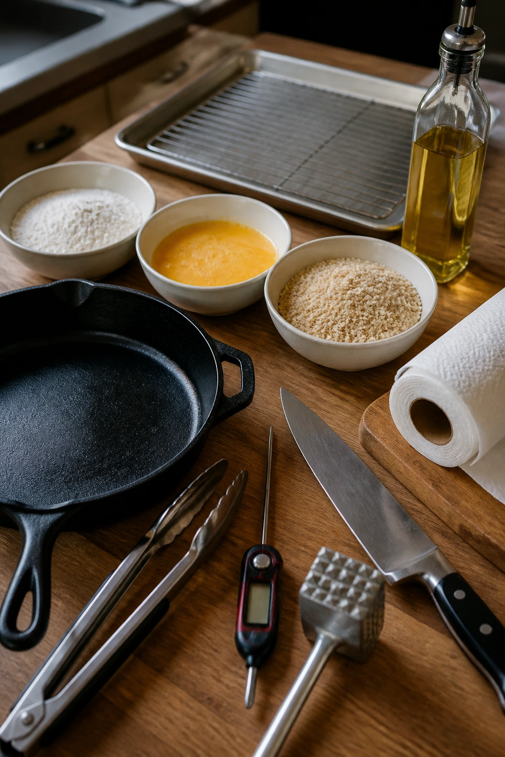 Close-up of essential kitchen tools and pantry gear on a wooden counter