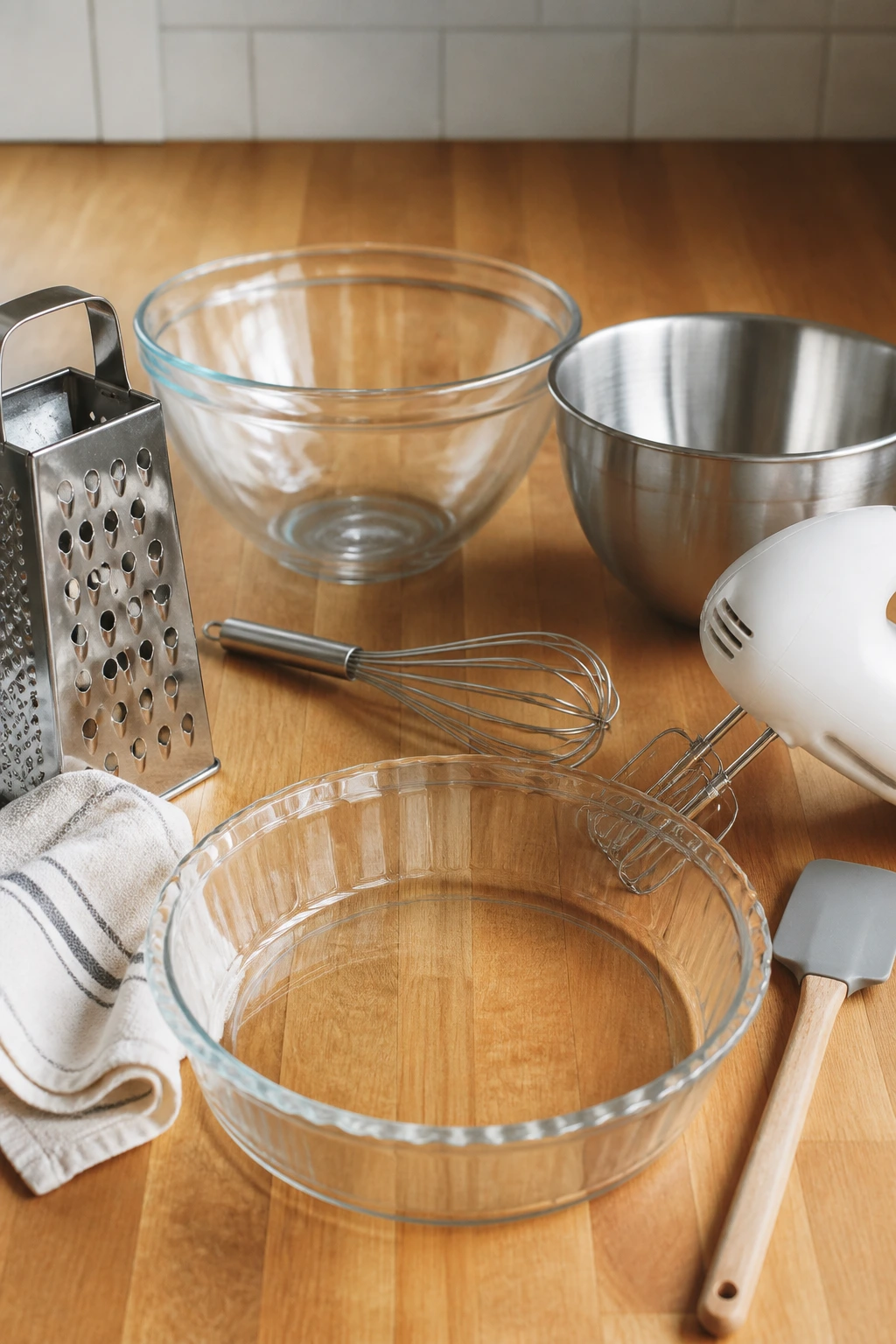 Array of essential pie-baking tools on a wooden counter