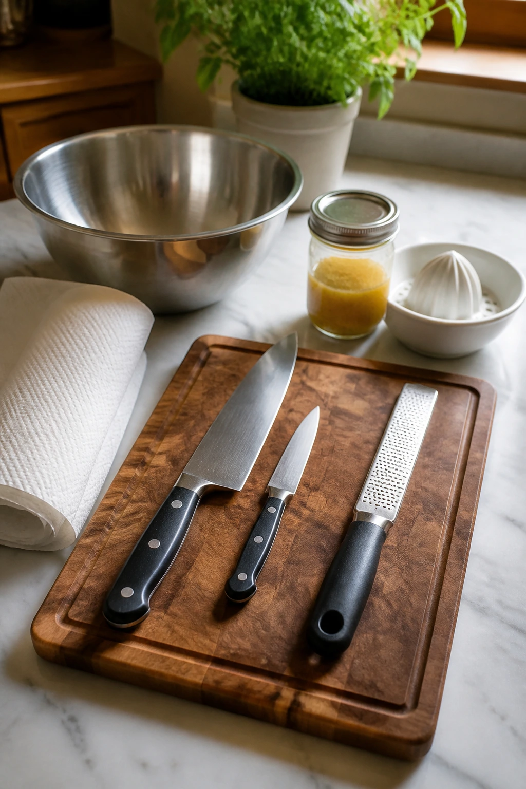 Kitchen prep tools including cutting board, knives, microplane, mixing bowl and dressing jar