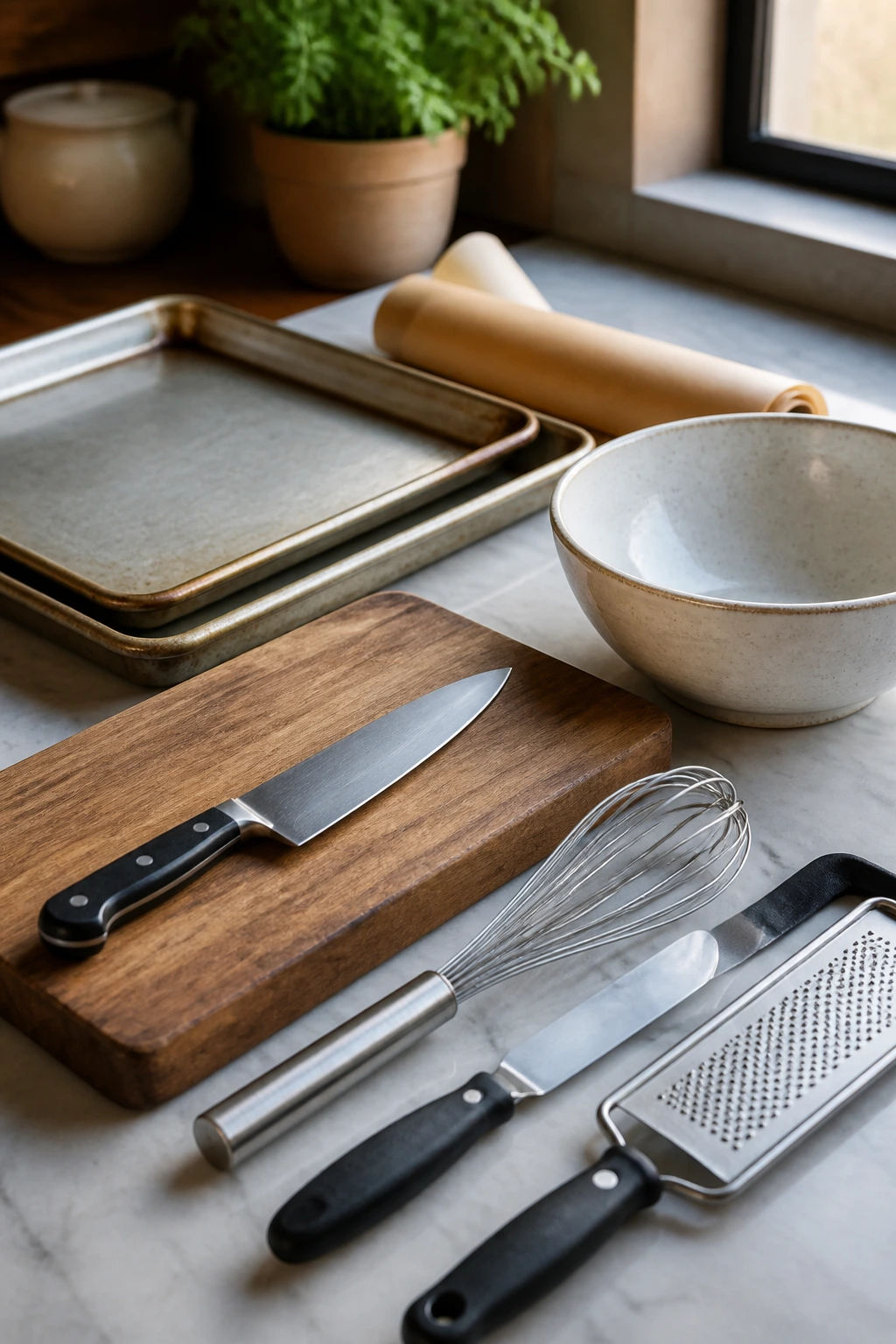 Close-up of essential roasting tools arranged on a kitchen counter