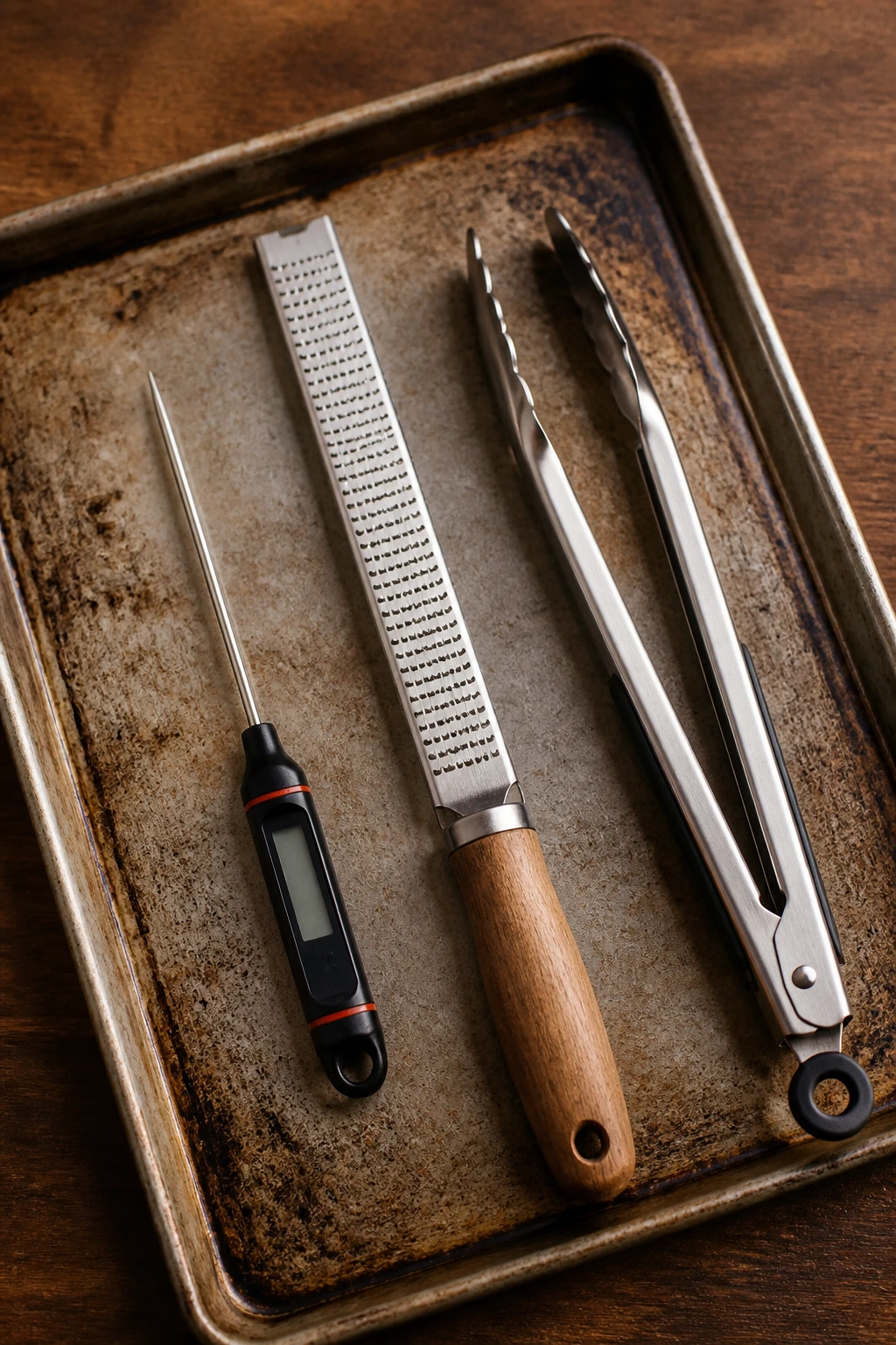 Top-down view of sheet pan, thermometer, microplane, and tongs on wood
