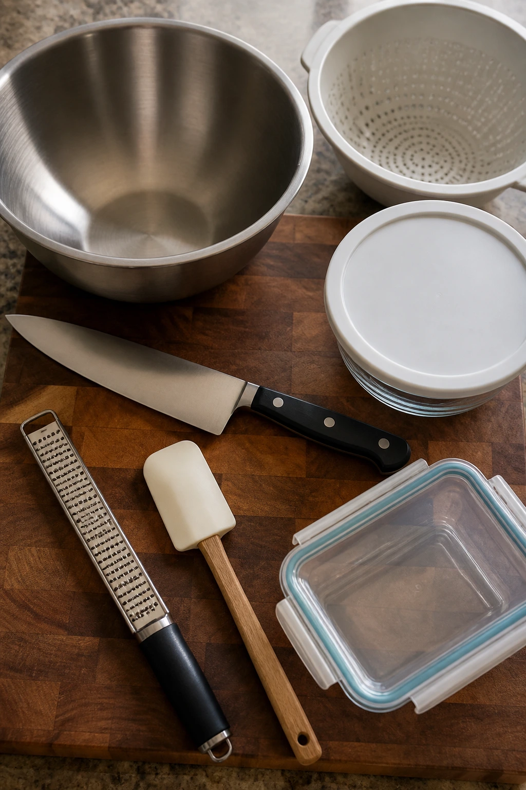 Essential kitchen tools laid out on a cutting board ready for salad prep
