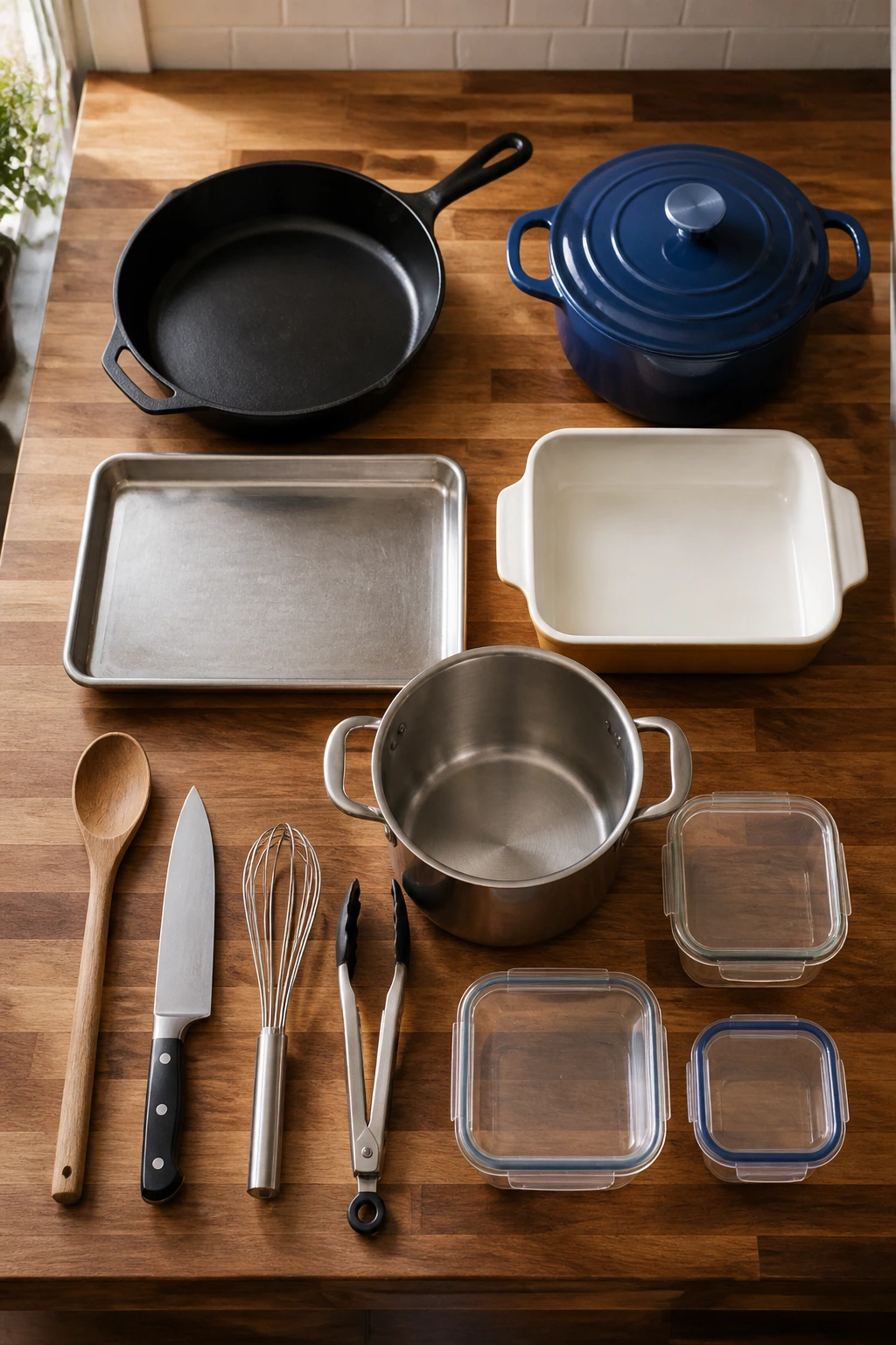 Top-down view of essential sausage-cooking tools on a kitchen counter