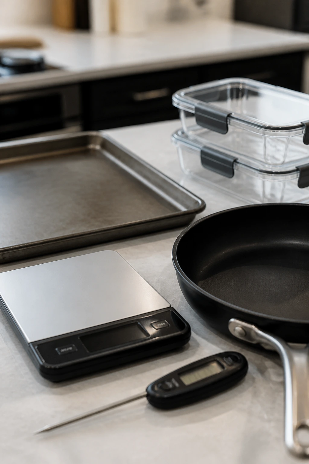 Close-up of essential kitchen tools on a counter