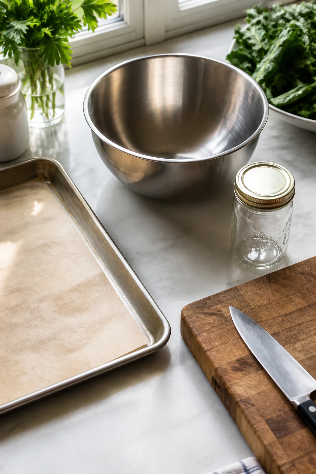 Tools for crisp greens: sheet pan, parchment, mixing bowl, jar, knife