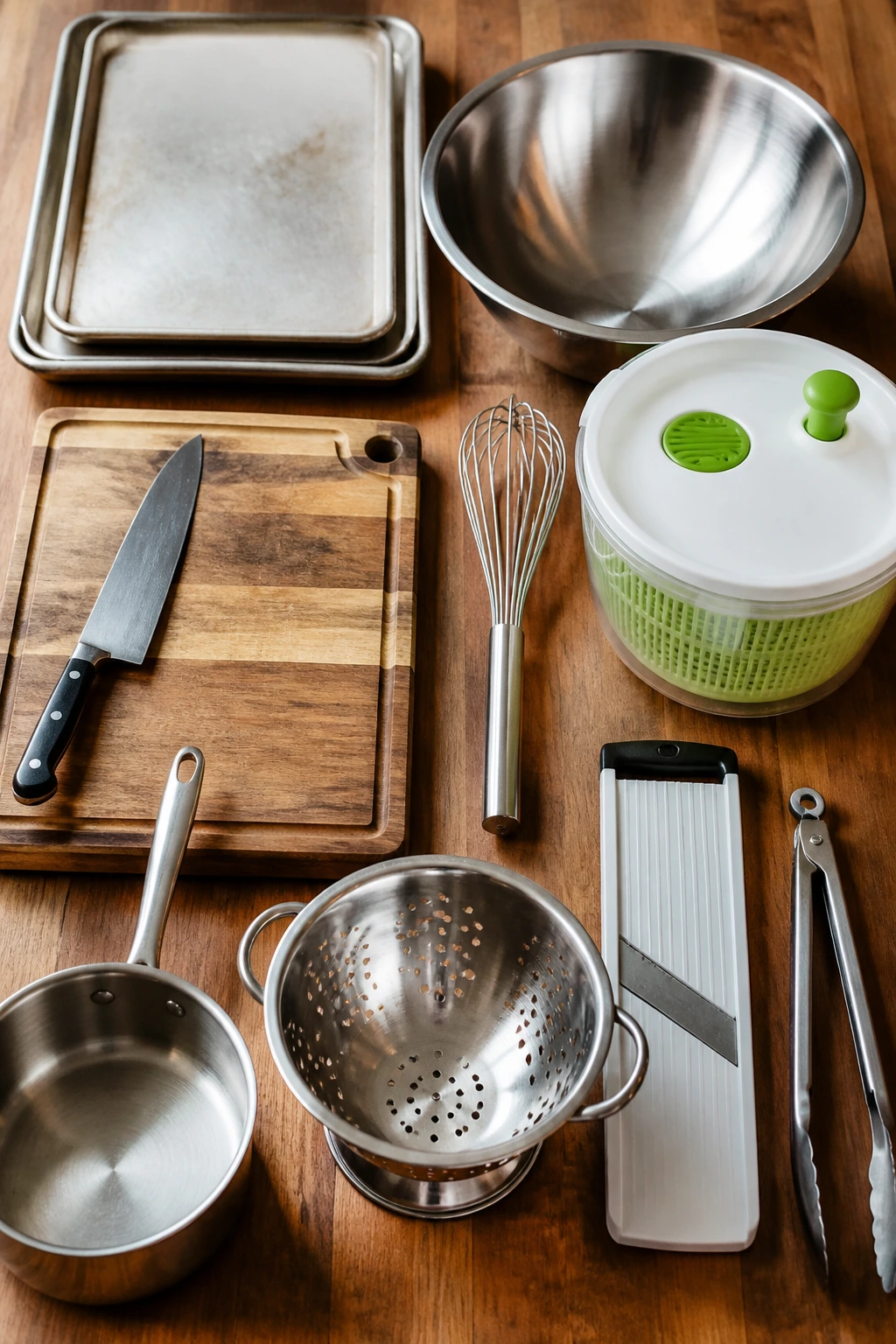Top-down arrangement of essential kitchen tools for salad recipes