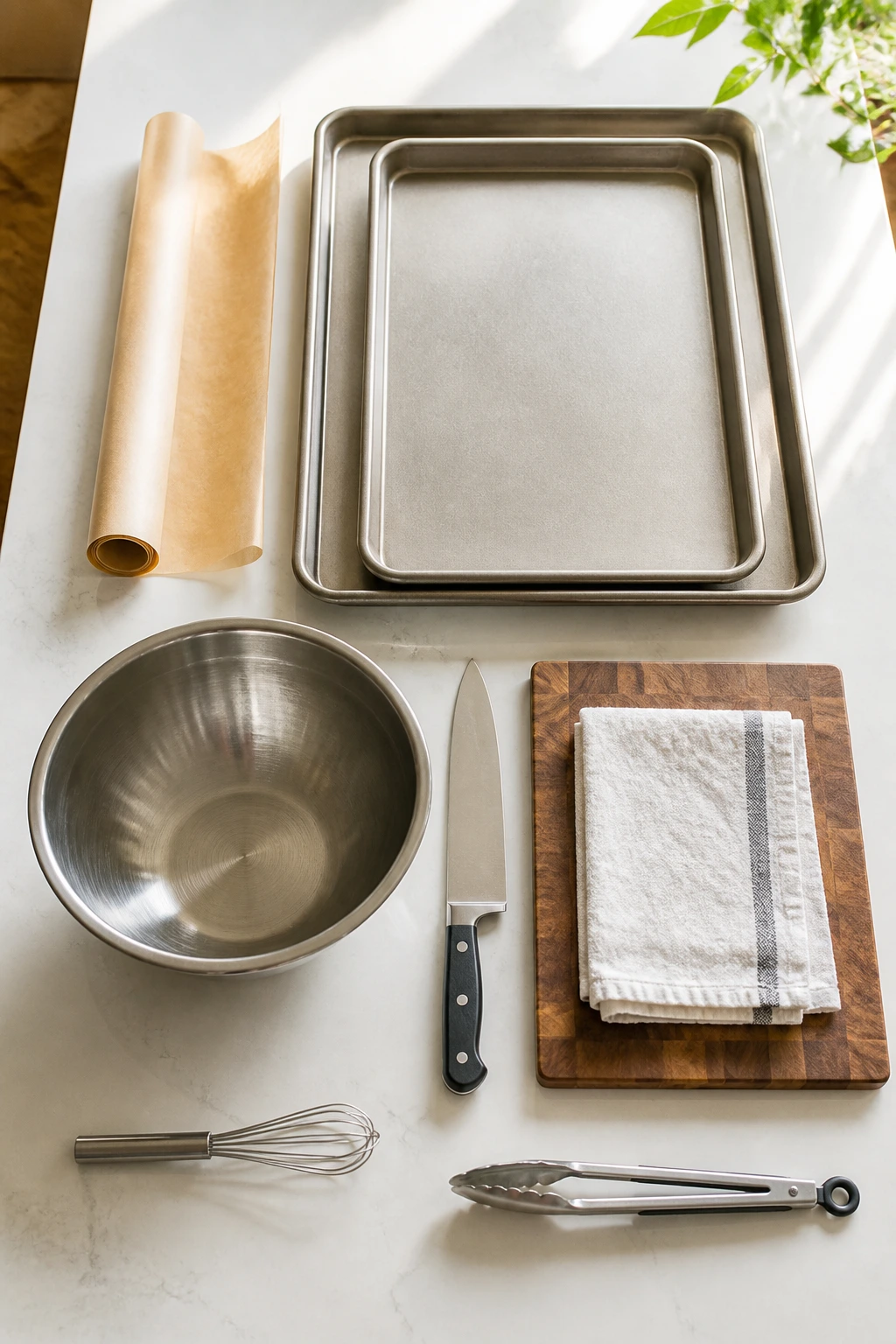 Top-down view of kitchen tools for fries in a bright kitchen
