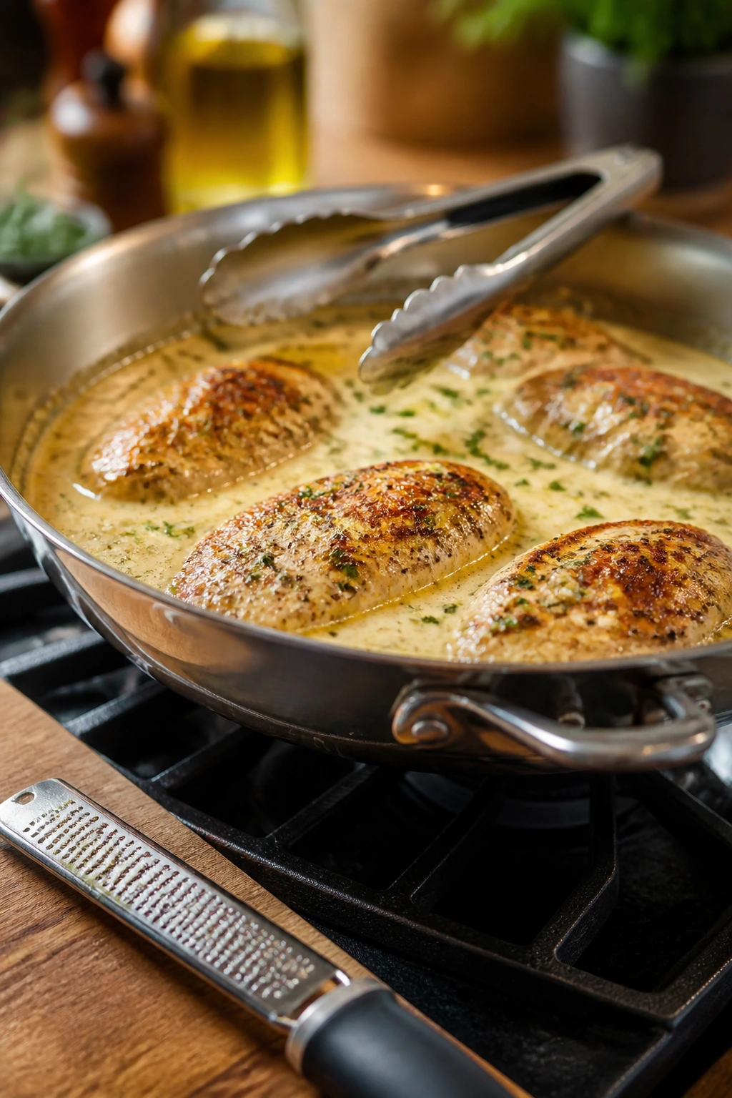 Skillet with tongs and microplane on counter