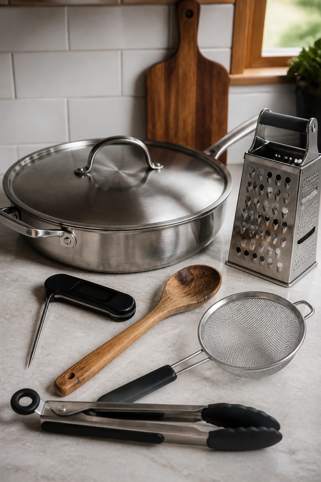 Tools for skillet dinner: skillet with lid, thermometer, spoon, sieve, grater, and tongs