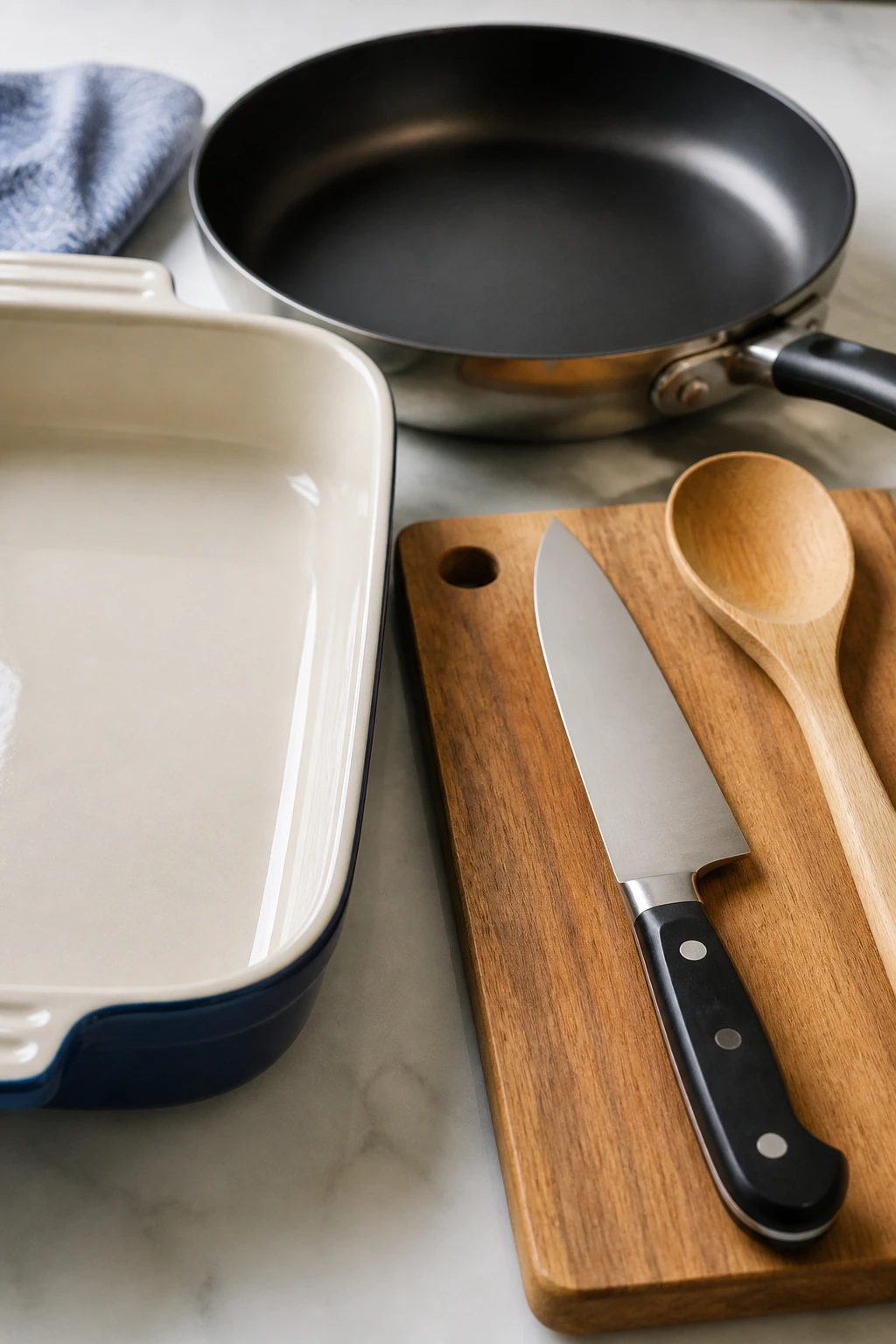Close-up of essential kitchen tools laid out on a counter