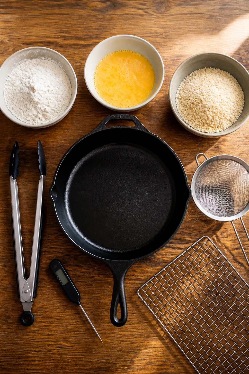 Essential kitchen tools for breaded chicken arranged on counter