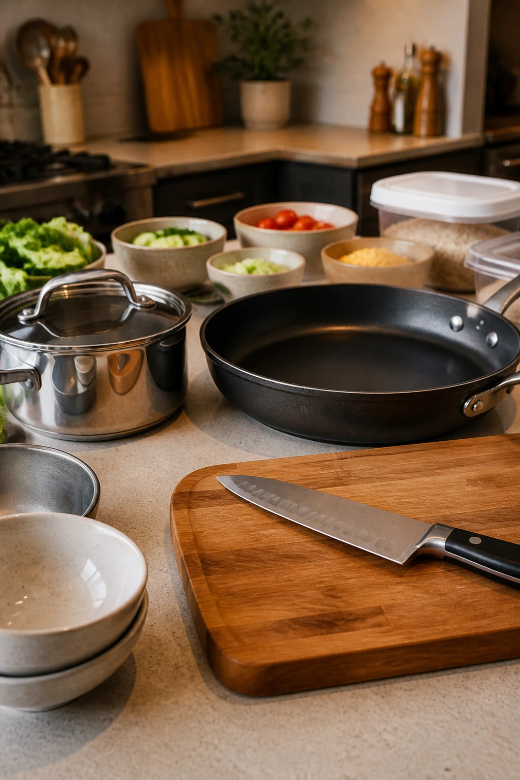 Close-up of essential kitchen tools including a 12-inch skillet and knife on a cutting board