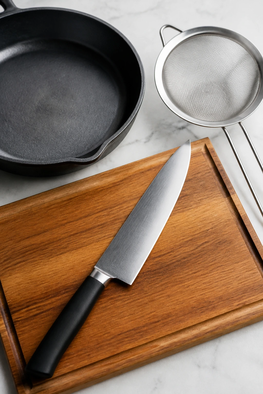 Set of kitchen tools for crispy salmon preparation