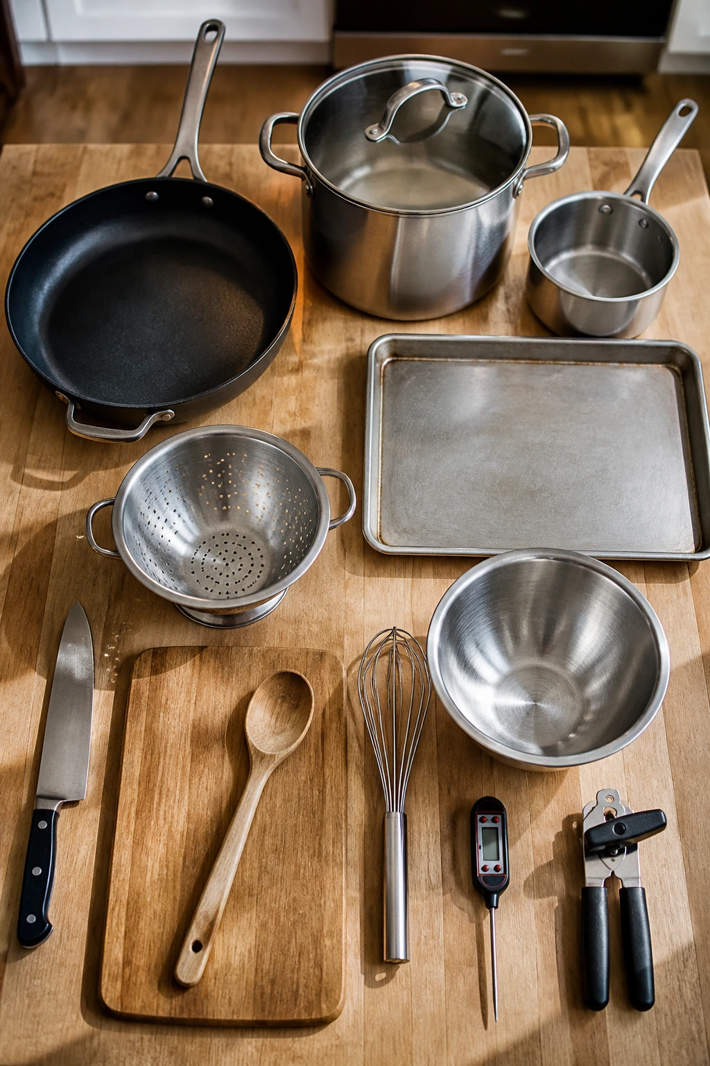 Top-down view of essential kitchen tools arranged on a counter.