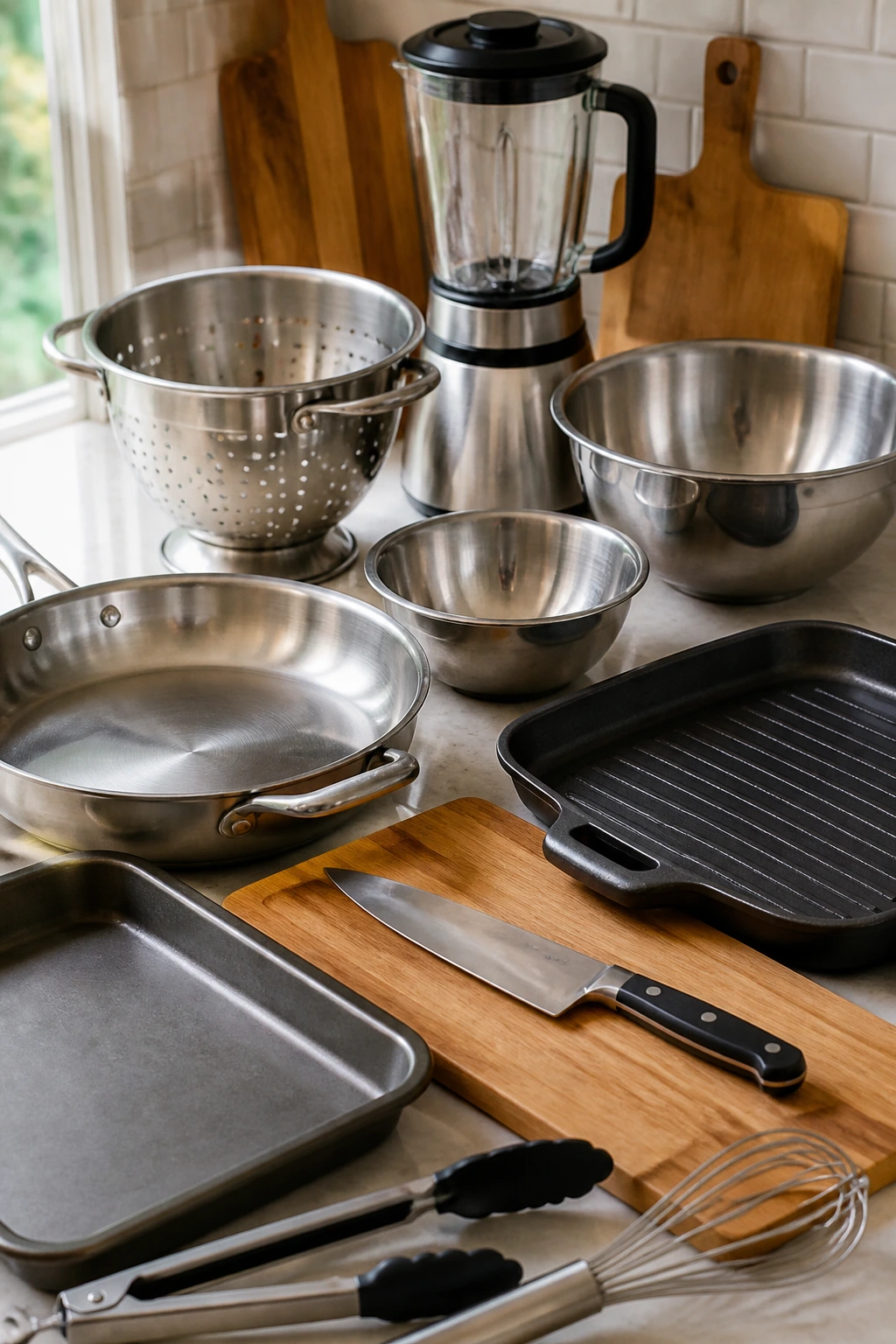 Collection of essential kitchen tools including skillet, sheet pan, knife on cutting board