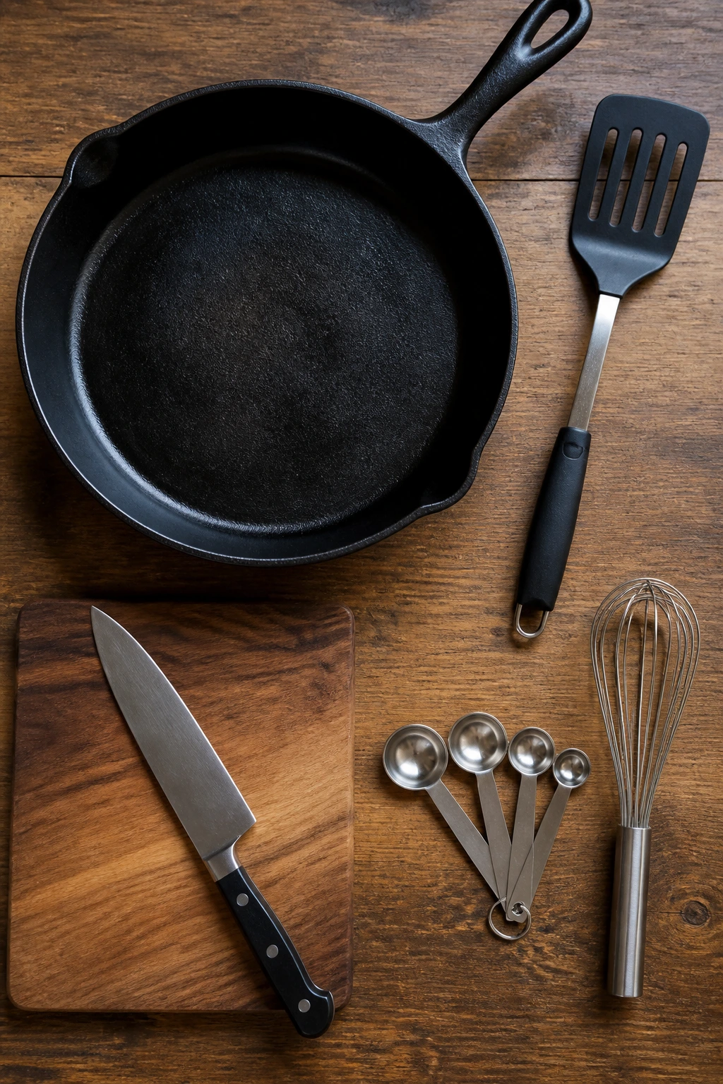 Top-down view of essential kitchen tools arranged on a wooden counter