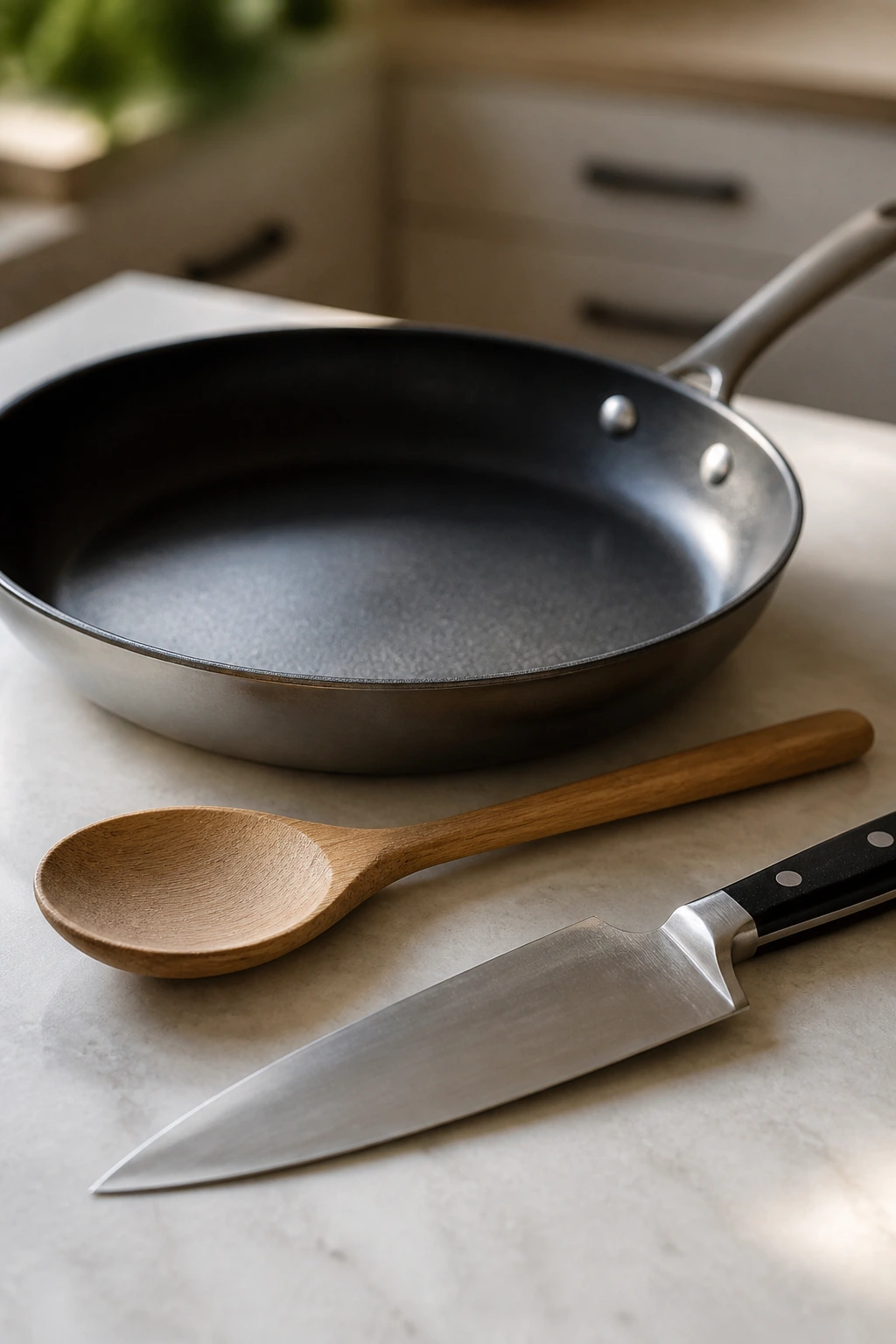 Skillet, wooden spoon, and knife arranged on a kitchen counter