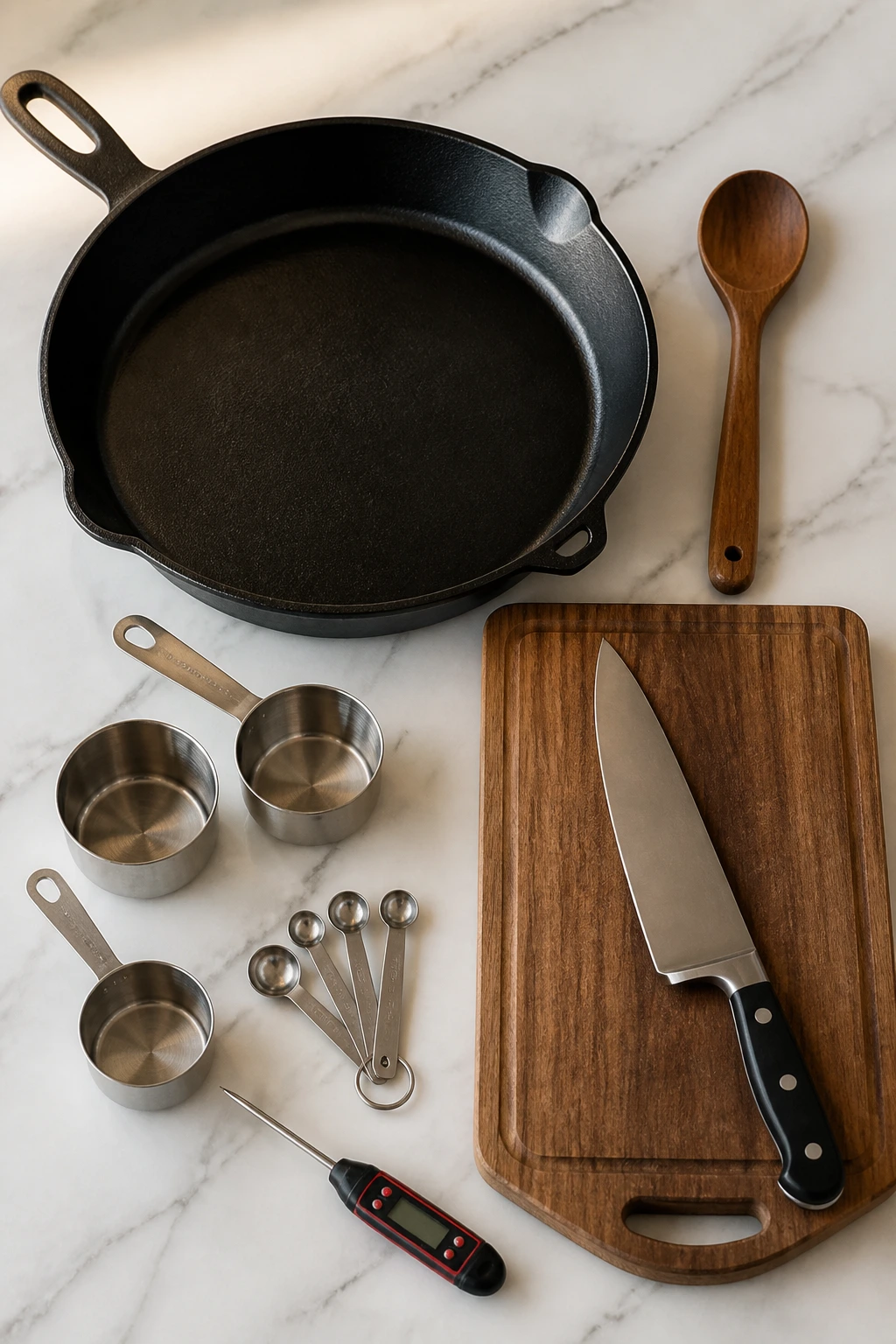 Top-down arrangement of kitchen tools for sandwich prep
