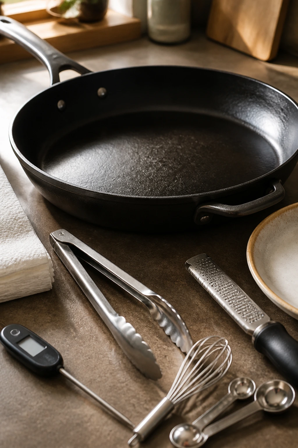 Tools for tender chicken arranged on kitchen counter