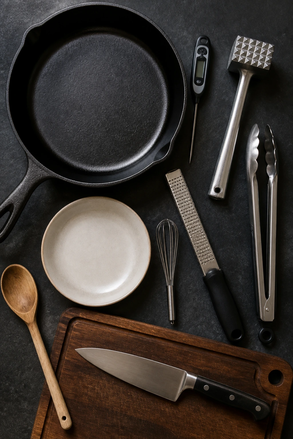 Top-down arrangement of essential kitchen tools for garlic parmesan chicken