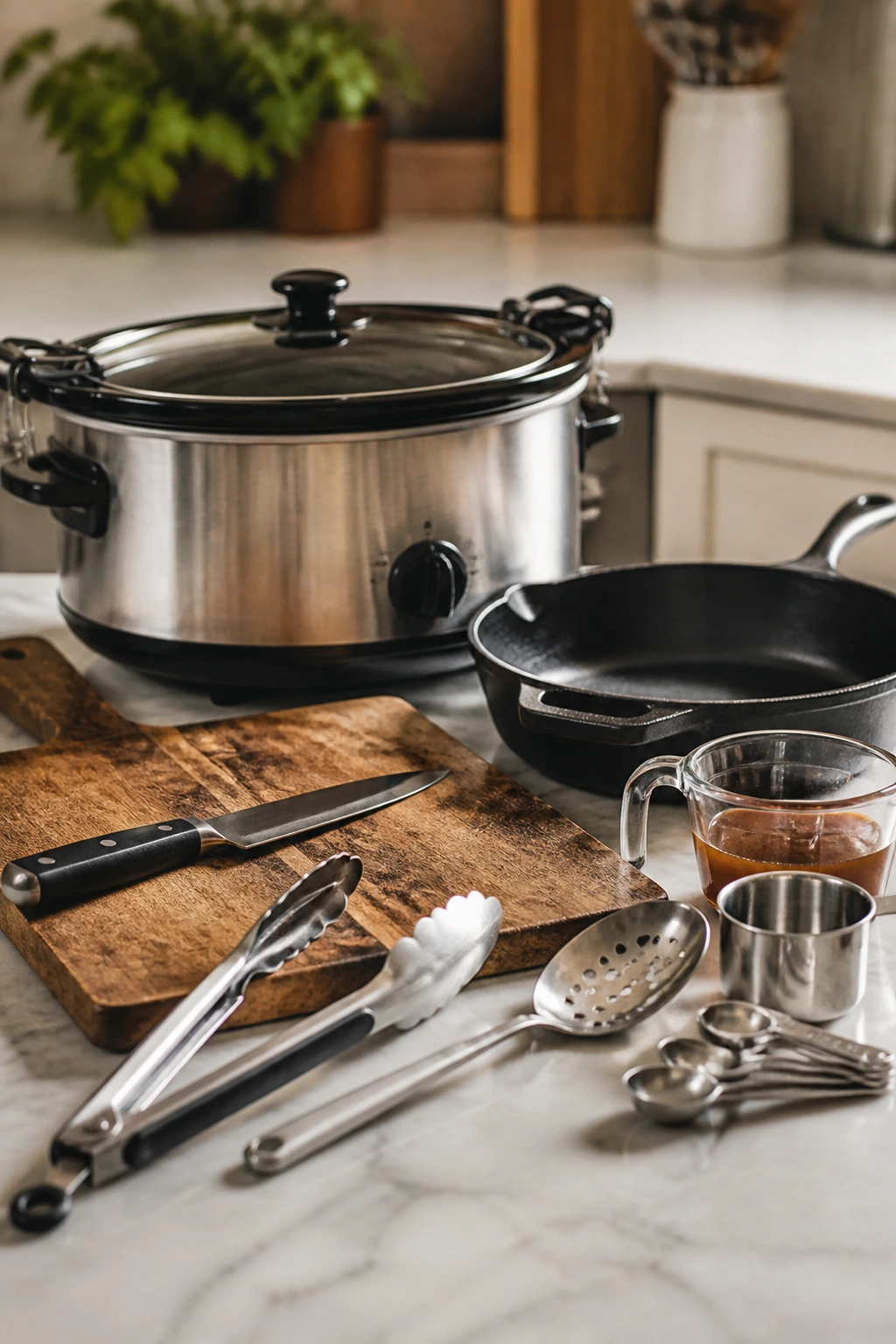 Essential kitchen tools on counter including slow cooker and skillet