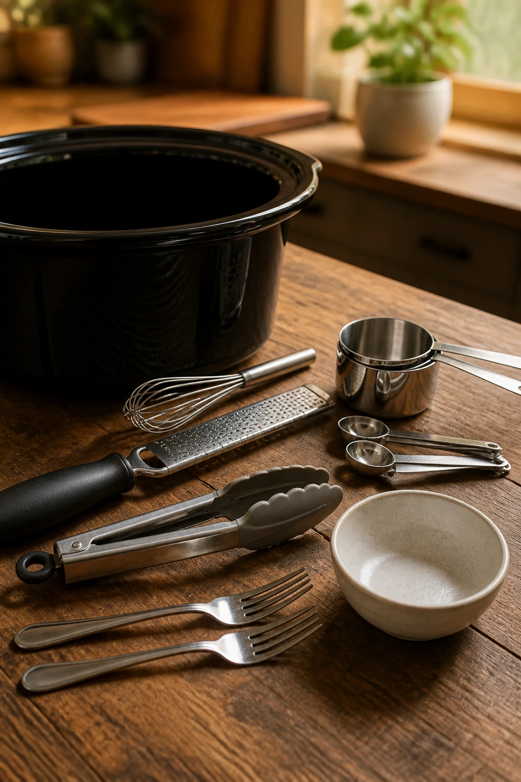 Close-up lineup of essential kitchen tools for crockpot cooking