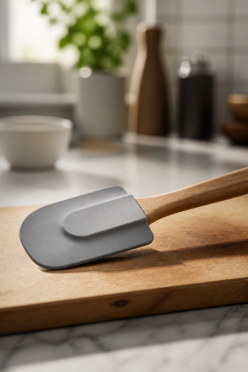 Silicone spatula on a wooden cutting board in a kitchen