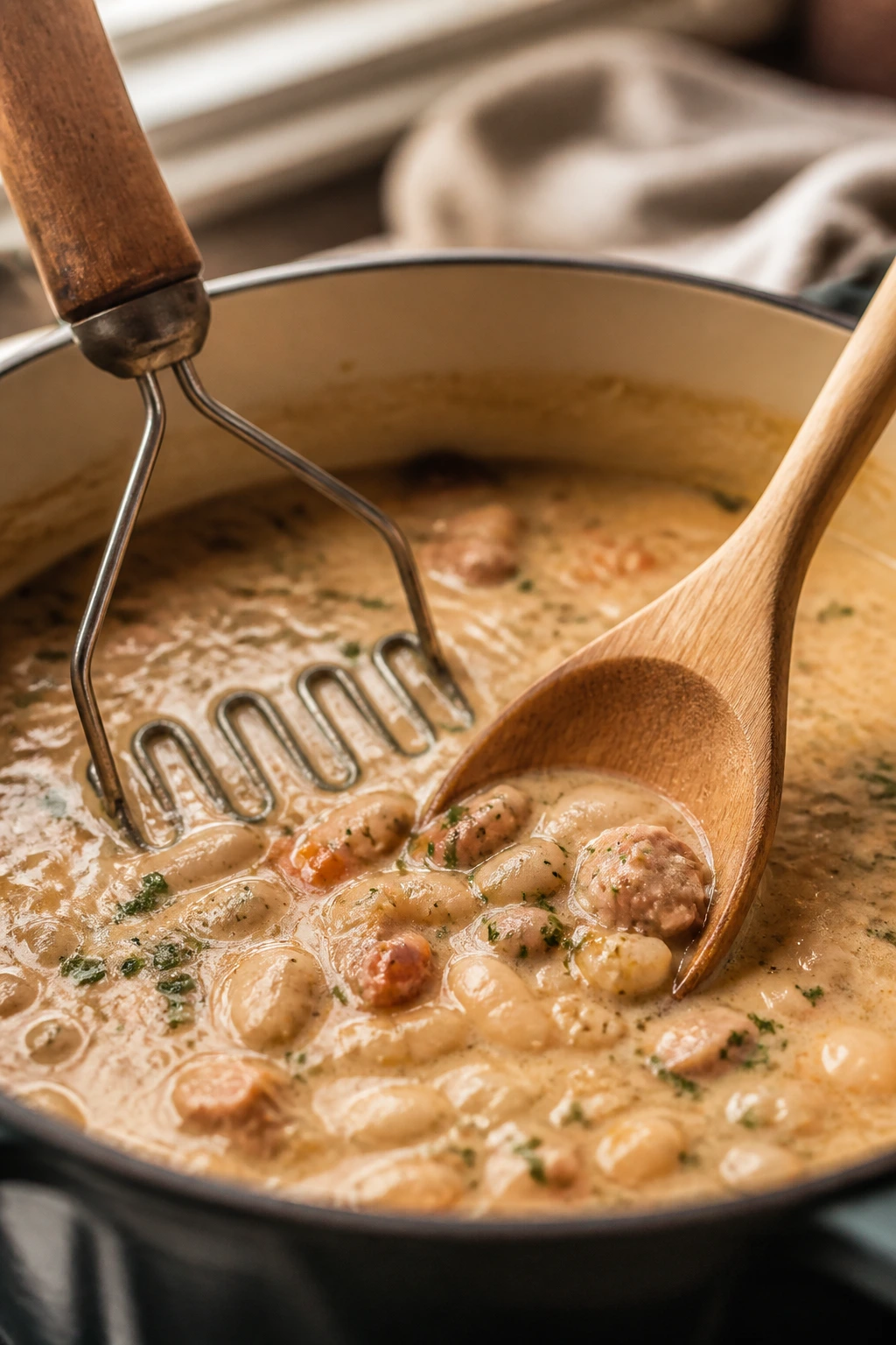 Wooden spoon and potato masher over thick soup