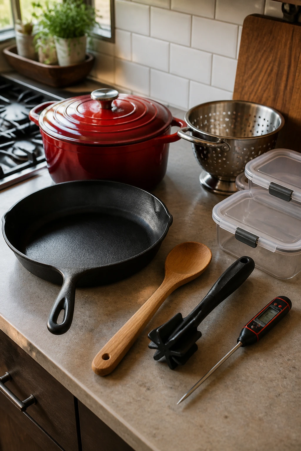 Collection of essential stove-side cooking tools arranged on a counter.