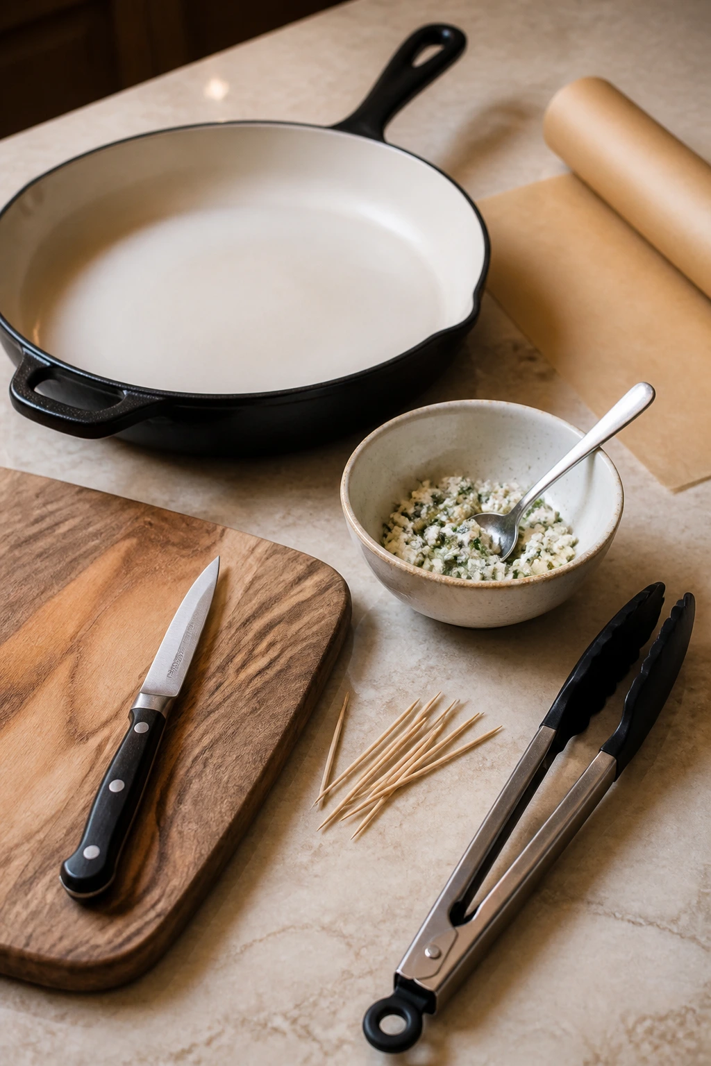 Tools for stuffing chicken arranged on counter